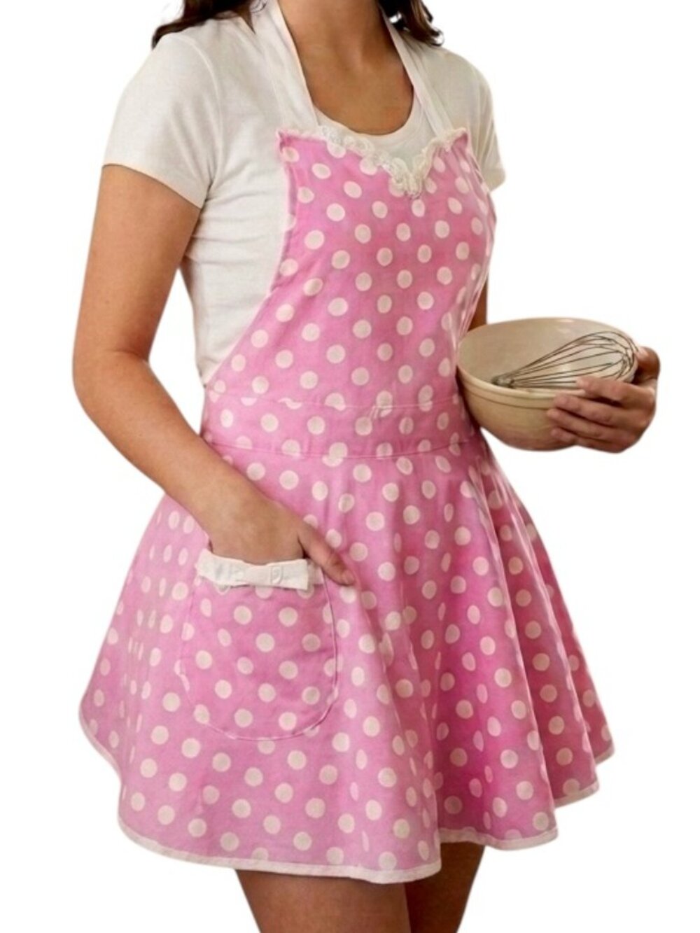 Handmade Bib Apron Pink with White Polka Dots Mother Woman Pocket Cotton Baker